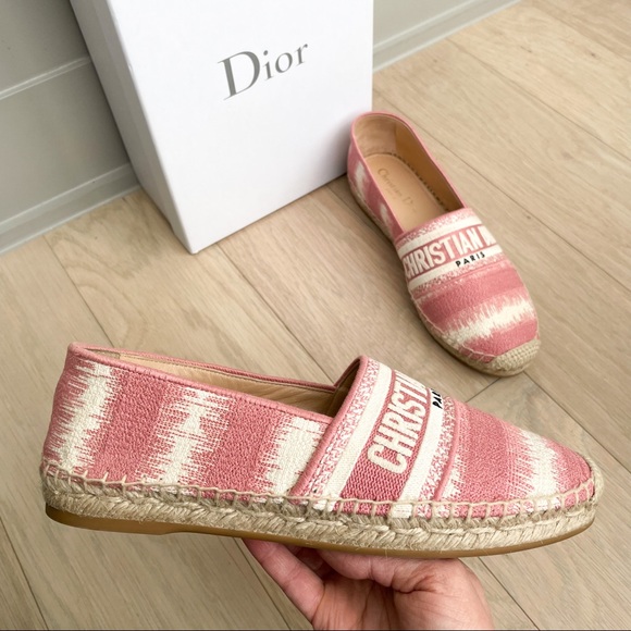 Dior Pink Granville Embroidered D Stripe Cotton Espadrille Flats in Pink & White - Picture 1 of 6